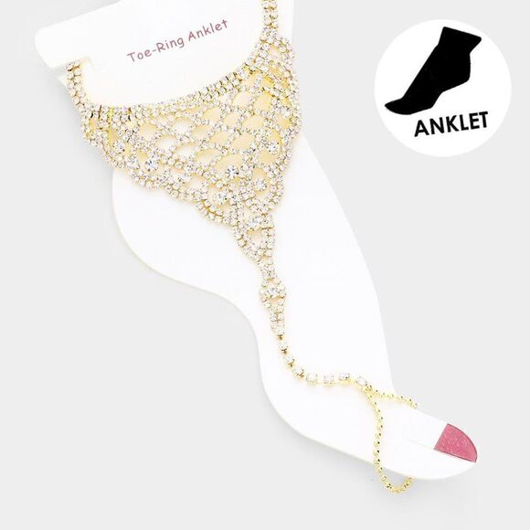 Anklet Round Clear Rhinestone Gold Net Toe Ring - Picture 4 of 6